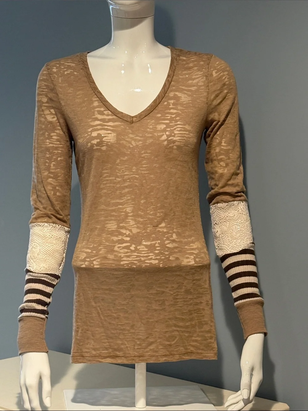 BKE Tan Burnout V-Neck Top with Striped Sleeve Accents